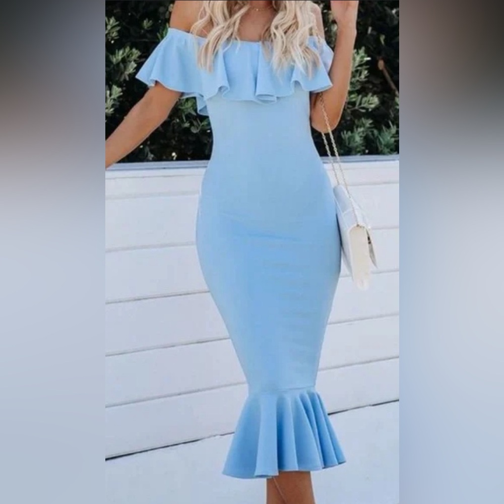 Vici Havana Ruffle Midi Dress - Dusty Blue